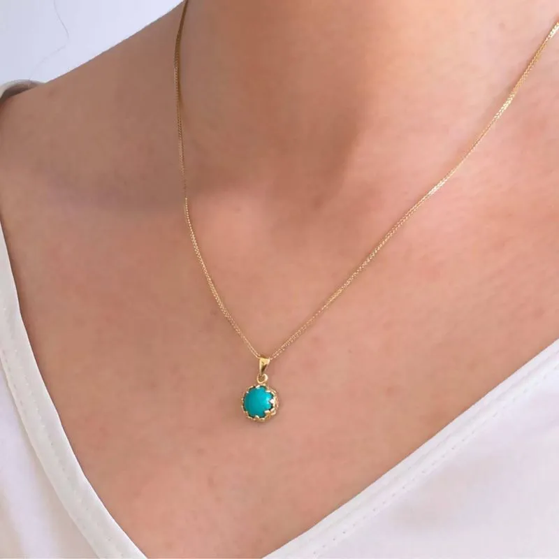 14k Gold Turquoise 8mm Decorate Round Necklace