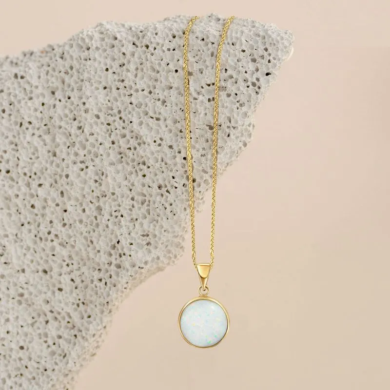 14K Yellow Gold Round White Opal 12mm Pendant