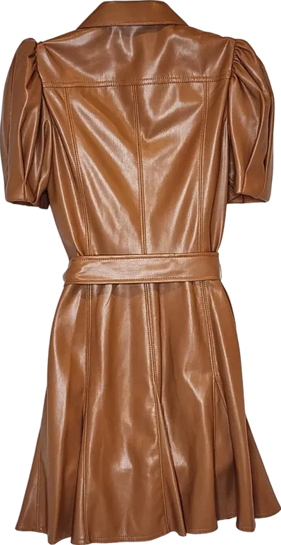 Alice   Olivia camel Pleated Belted Vegan Leather Mini Dress  UK 8