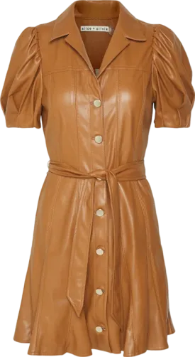 Alice   Olivia camel Pleated Belted Vegan Leather Mini Dress  UK 8