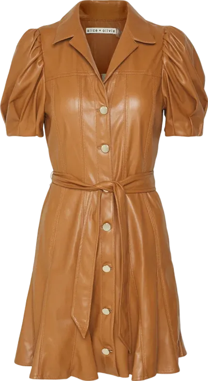 Alice   Olivia camel Pleated Belted Vegan Leather Mini Dress  UK 8