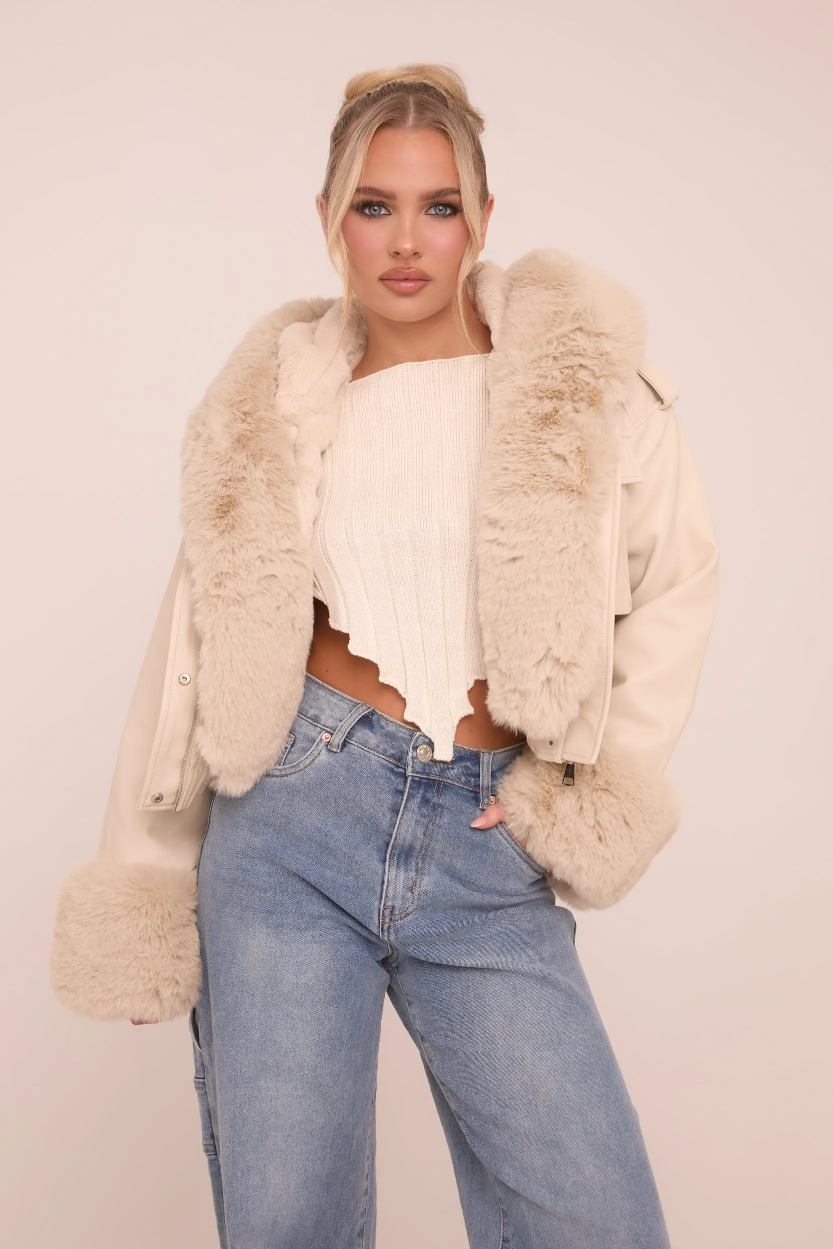 Beige Faux Leather Fur Lined Bomber Jacket - Larna