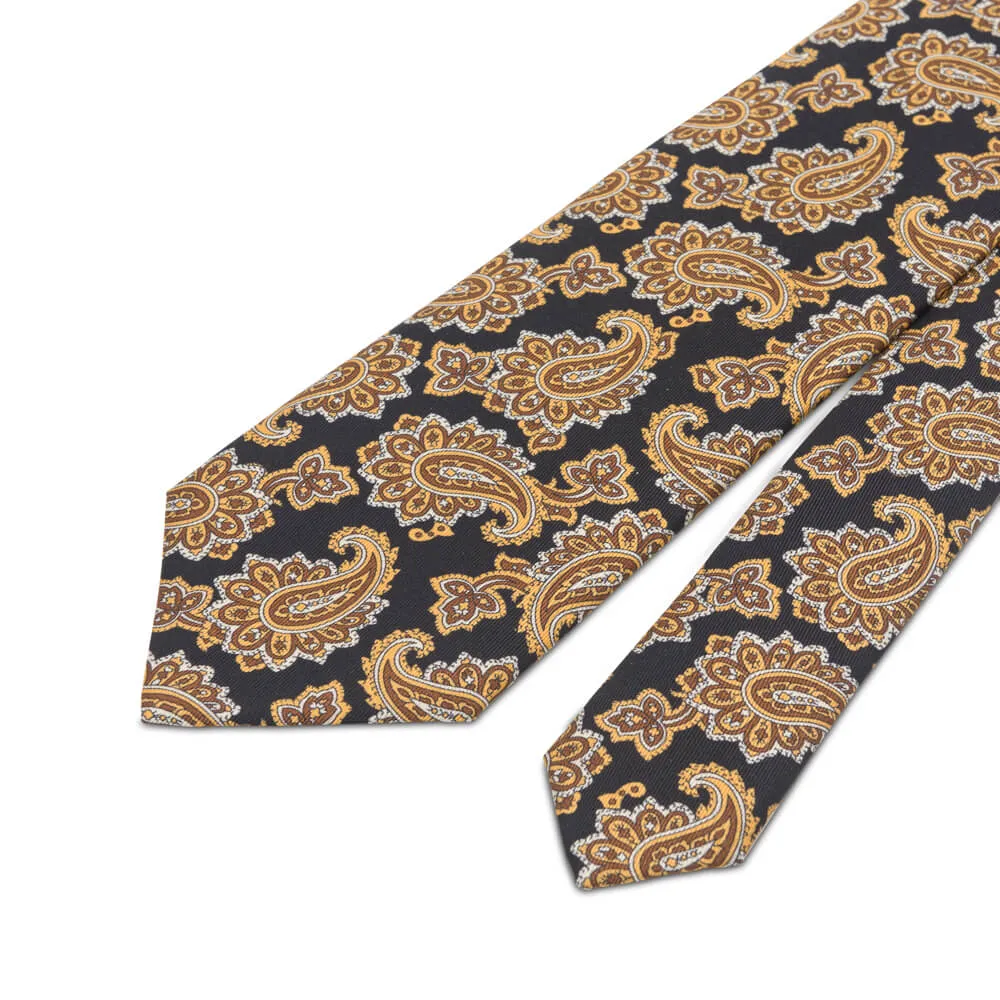 Black and Brown Paisley Motif Twill Silk Tie