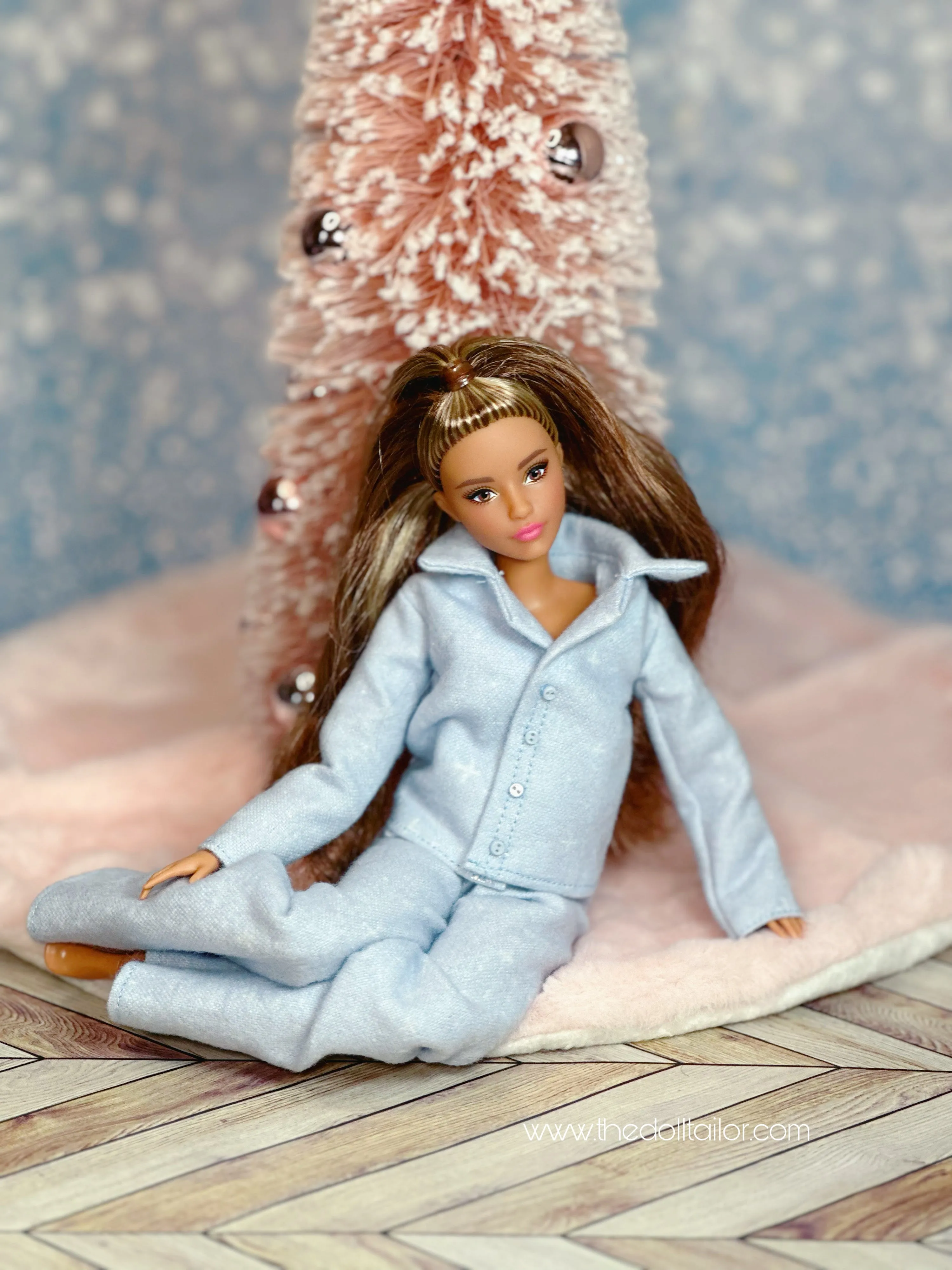 Blue flannel pajamas for Barbie dolls Christmas pajama