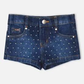 Blue Front Embellished Denim Shorts