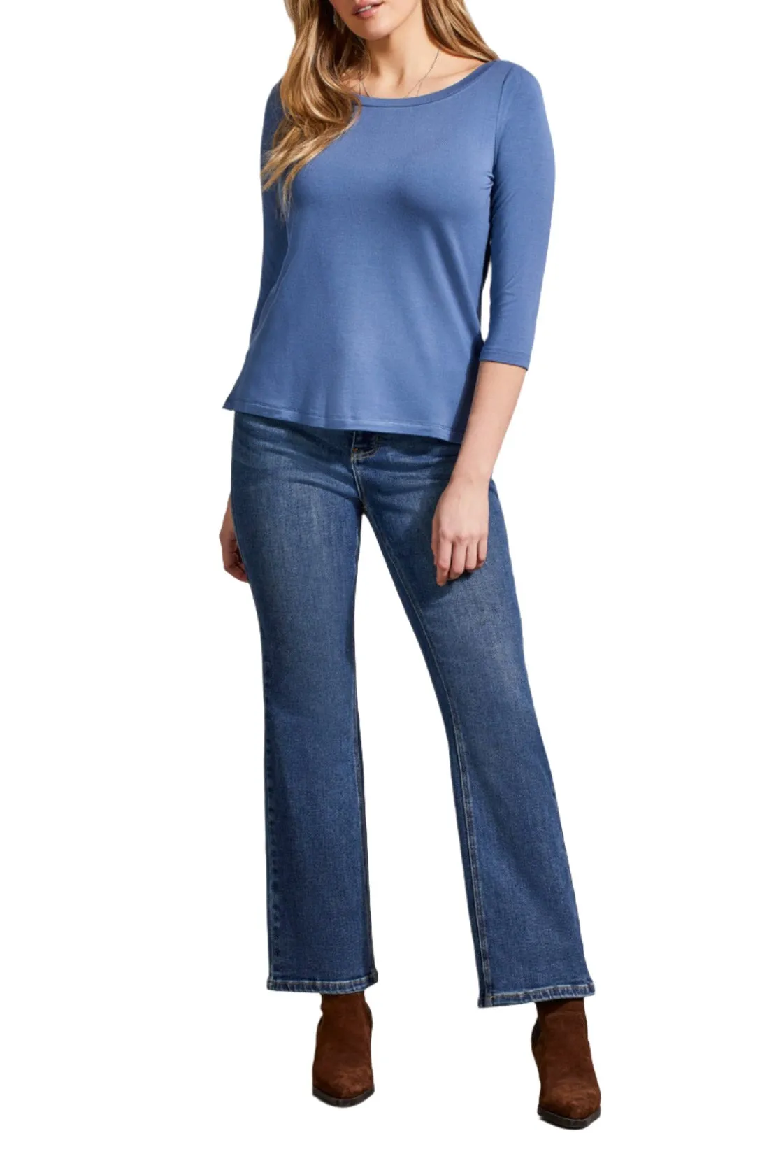 BLUE WIDE NECK 3/4 SLEEVE CREW NECK TOP