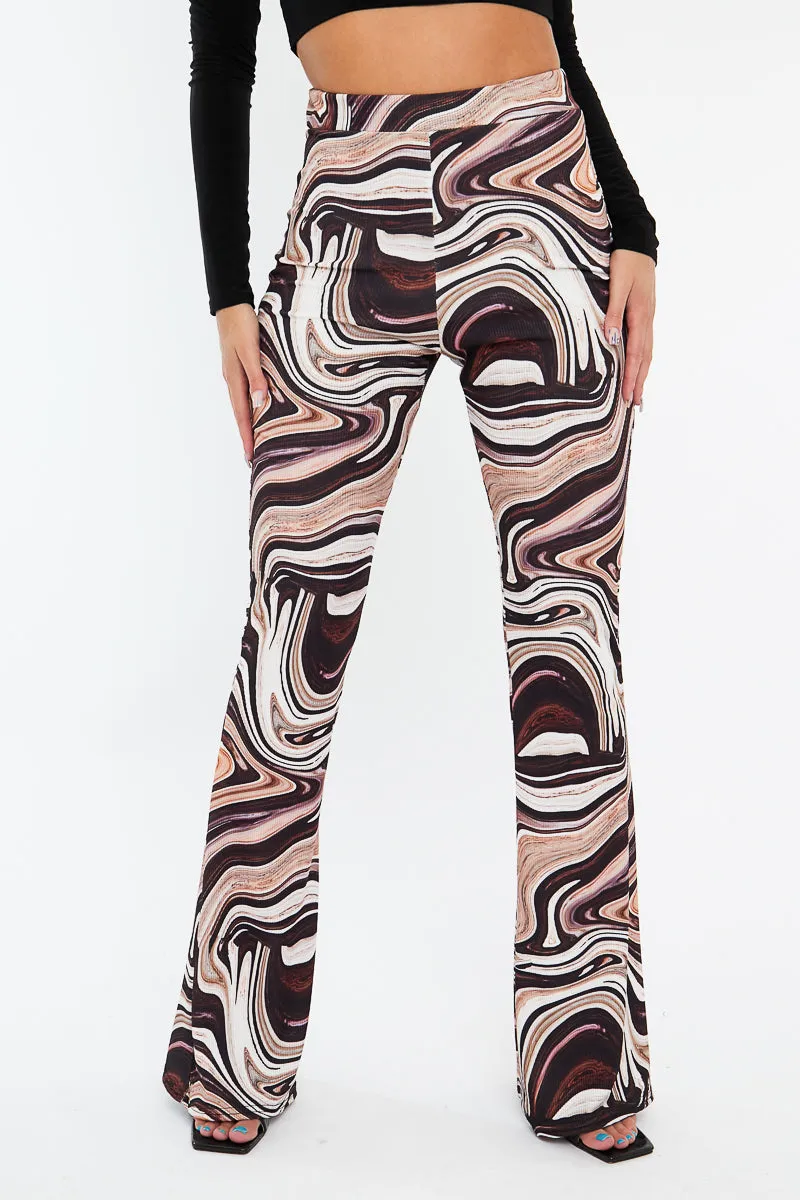 Brown Marble Print Ribbed Flare Trousers - Davia