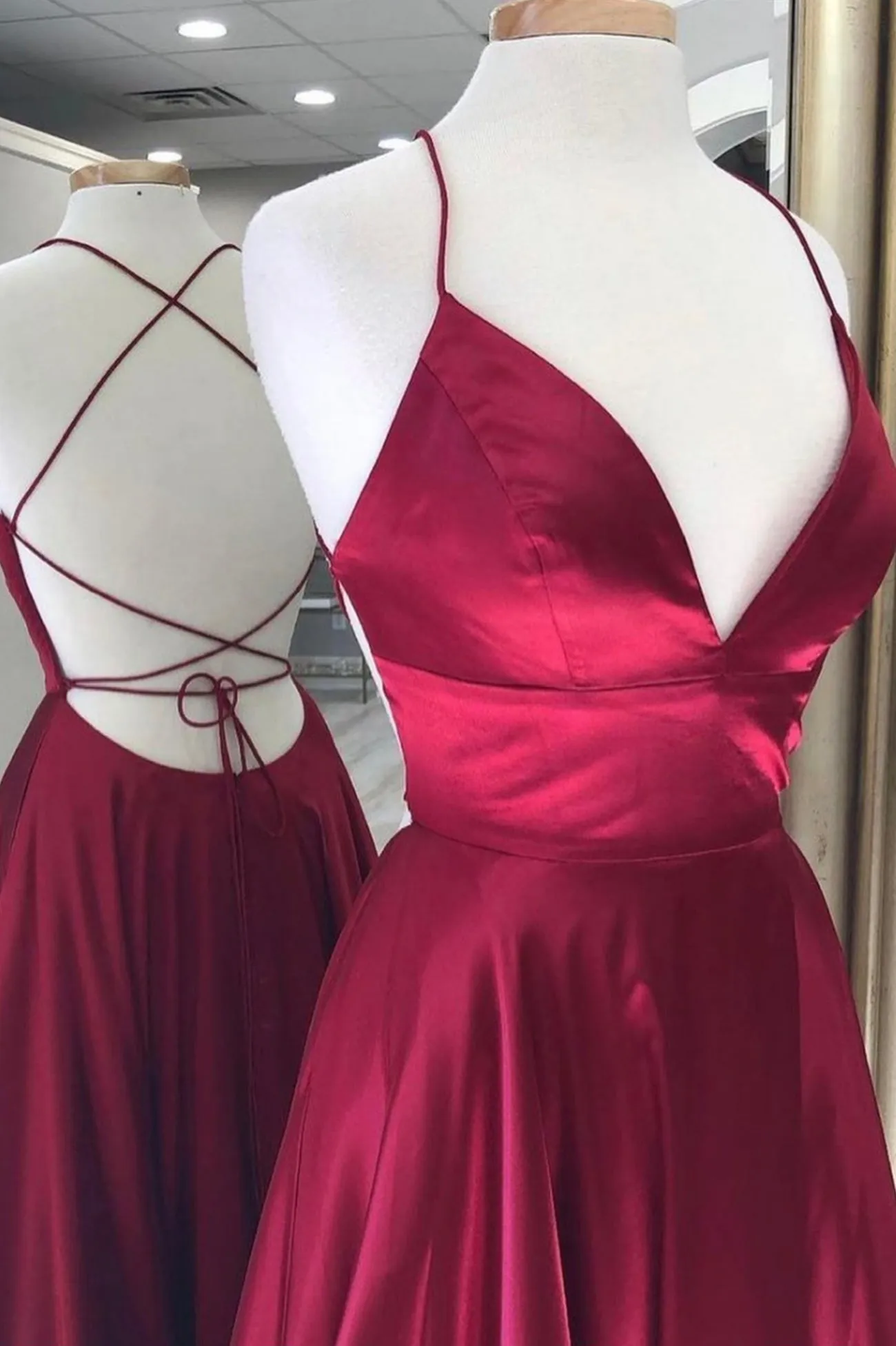 Burgundy Satin Long Prom Dresses Simple A-Line Backless Evening Dresses