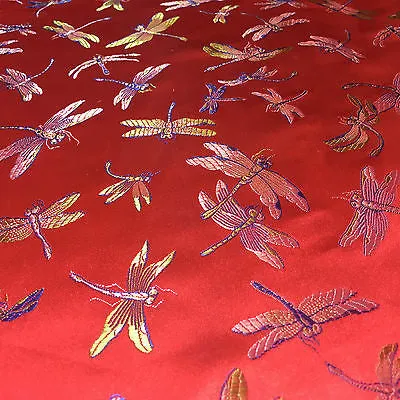 CHINESE ORIENTAL GOLD DRAGONFLY BROCADE SILKY SATIN DRESS FABRIC 44" M163