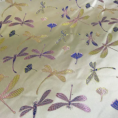 CHINESE ORIENTAL GOLD DRAGONFLY BROCADE SILKY SATIN DRESS FABRIC 44" M163