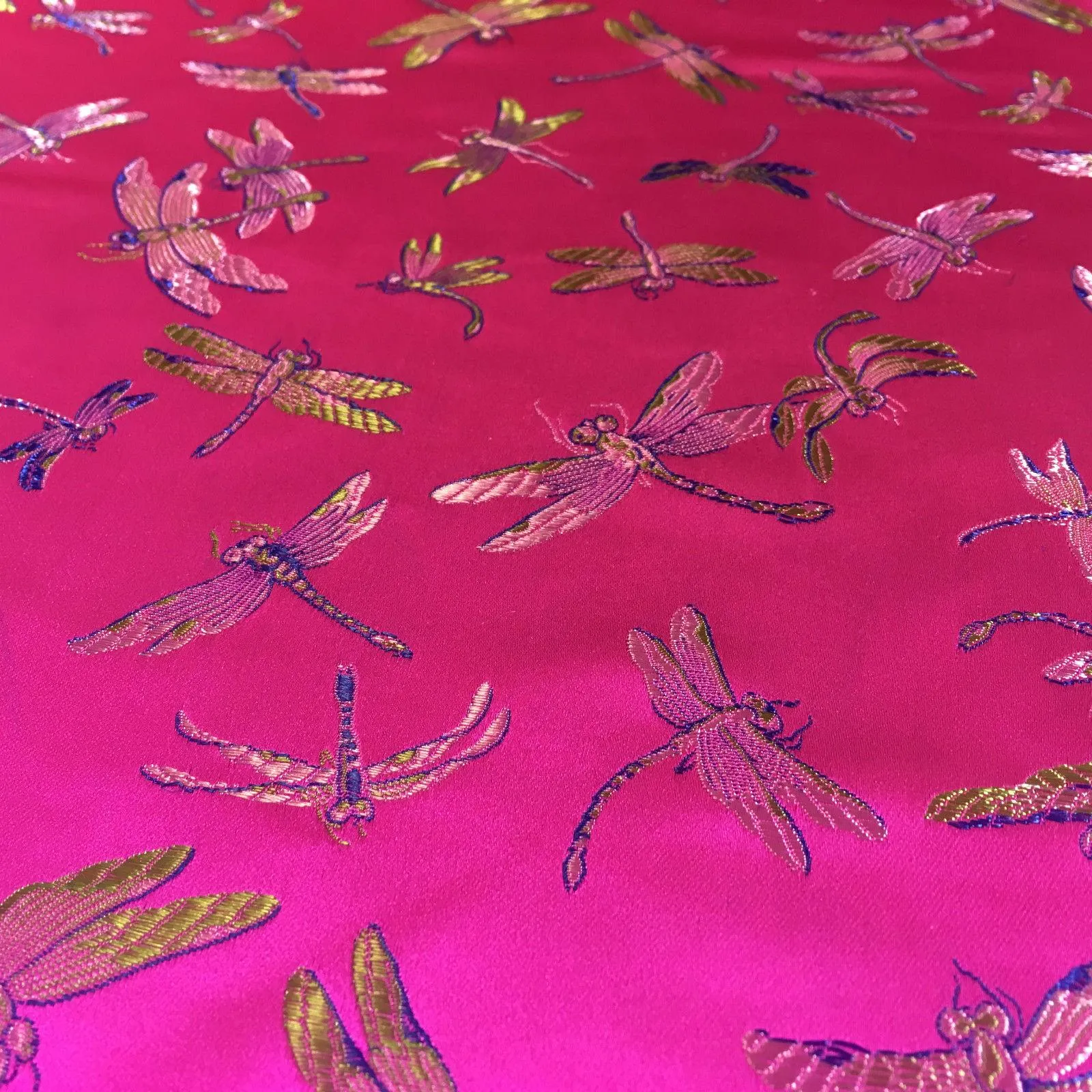 CHINESE ORIENTAL GOLD DRAGONFLY BROCADE SILKY SATIN DRESS FABRIC 44" M163