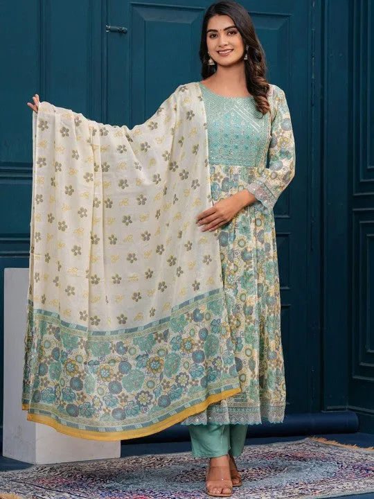 Floral Embroidered Regular Pure Cotton Kurta With Trousers & With Dupatta