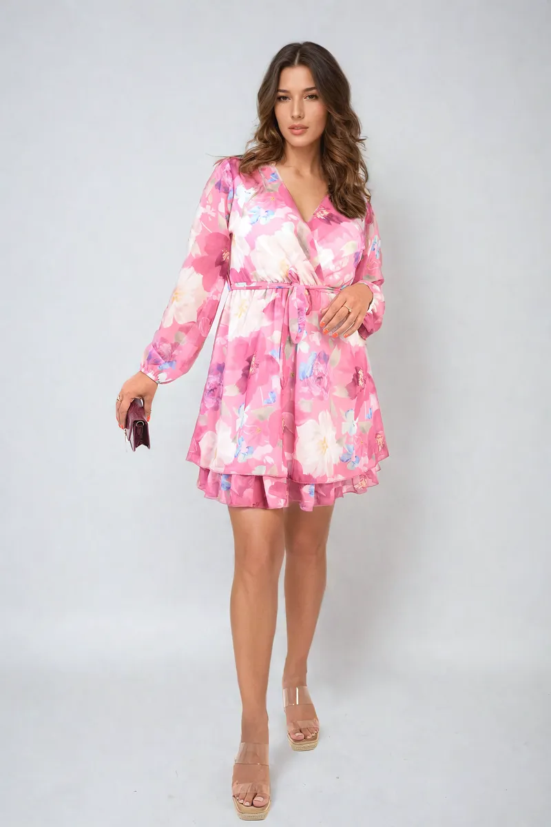 Floral Tie Front Tiered Mini Dress