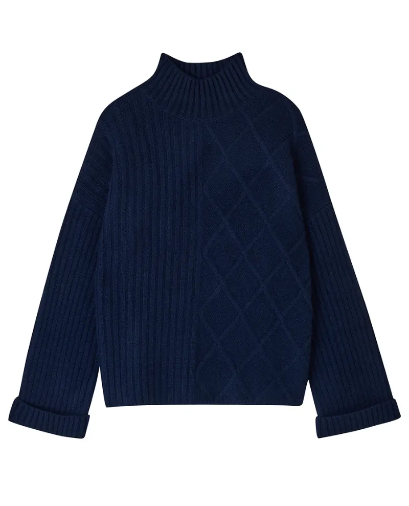 Jumper1234 Aran Navy Rib Turtle Knit