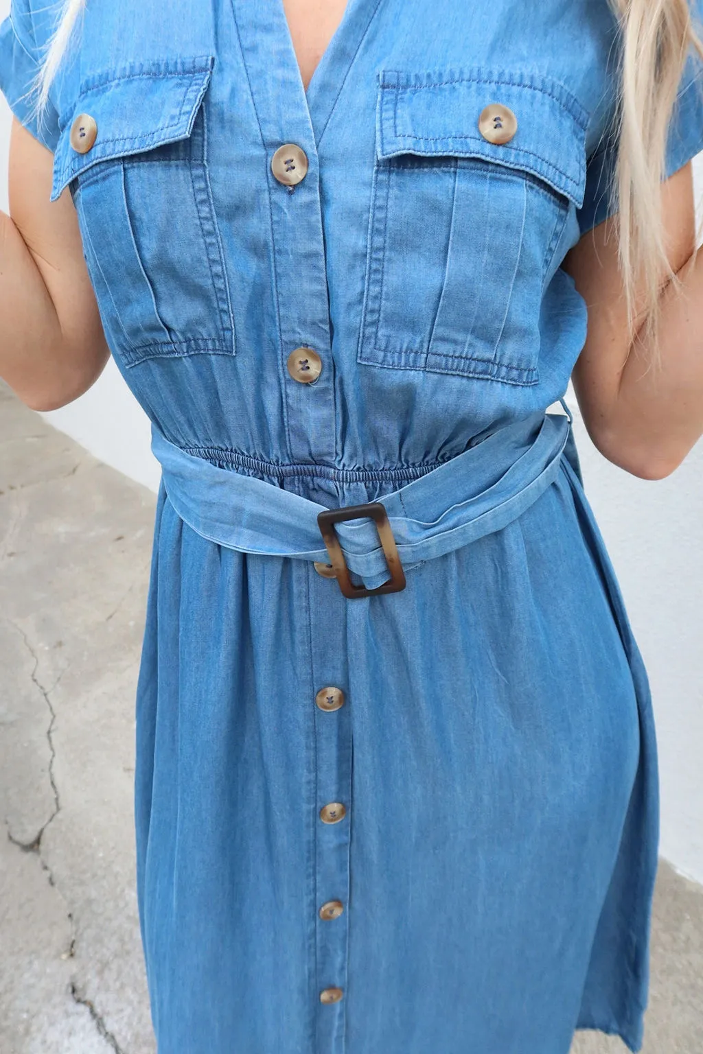 Looking Back Chambray Belted Midi Dress