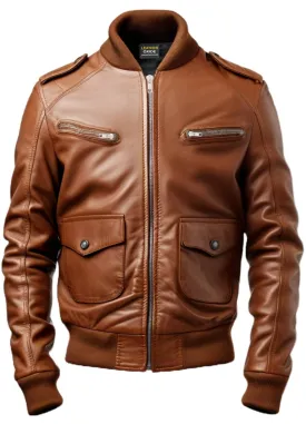 Men Brown Leather Strap Pocket Style Jacket - Brown Leather Jacket Men