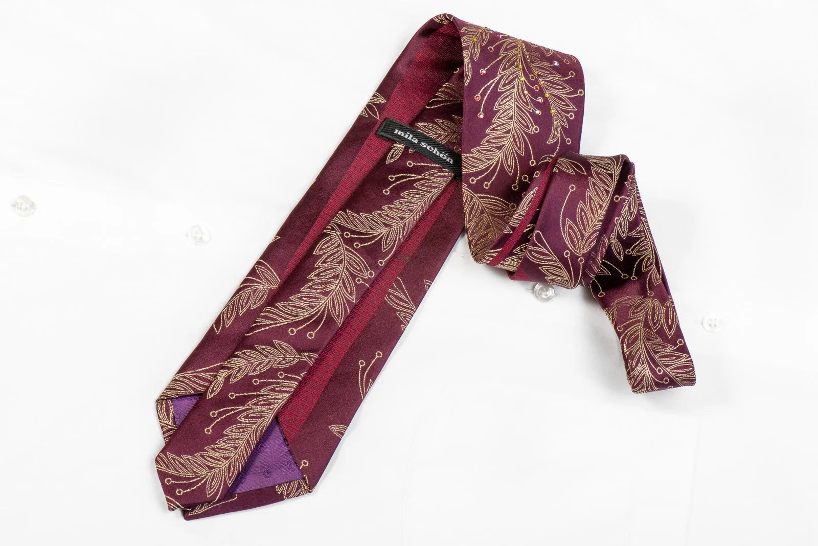 Mens Silk Rhinestone Necktie Golden Leaves On Burgundy