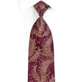 Mens Silk Rhinestone Necktie Golden Leaves On Burgundy