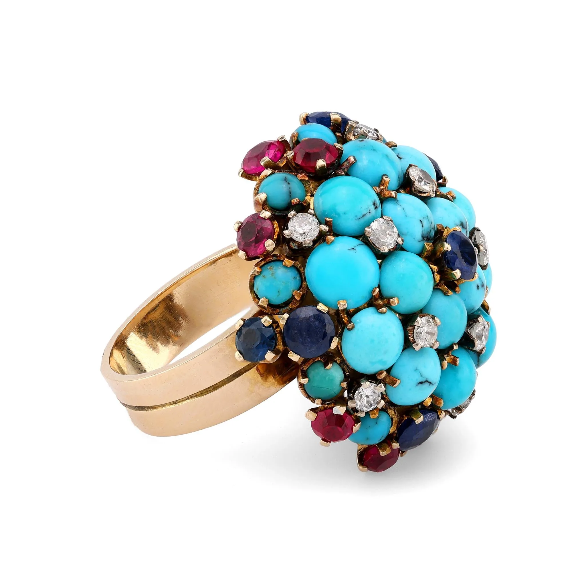 Mid Century turquoise sapphire ruby diamond 14k yellow gold cocktail ring