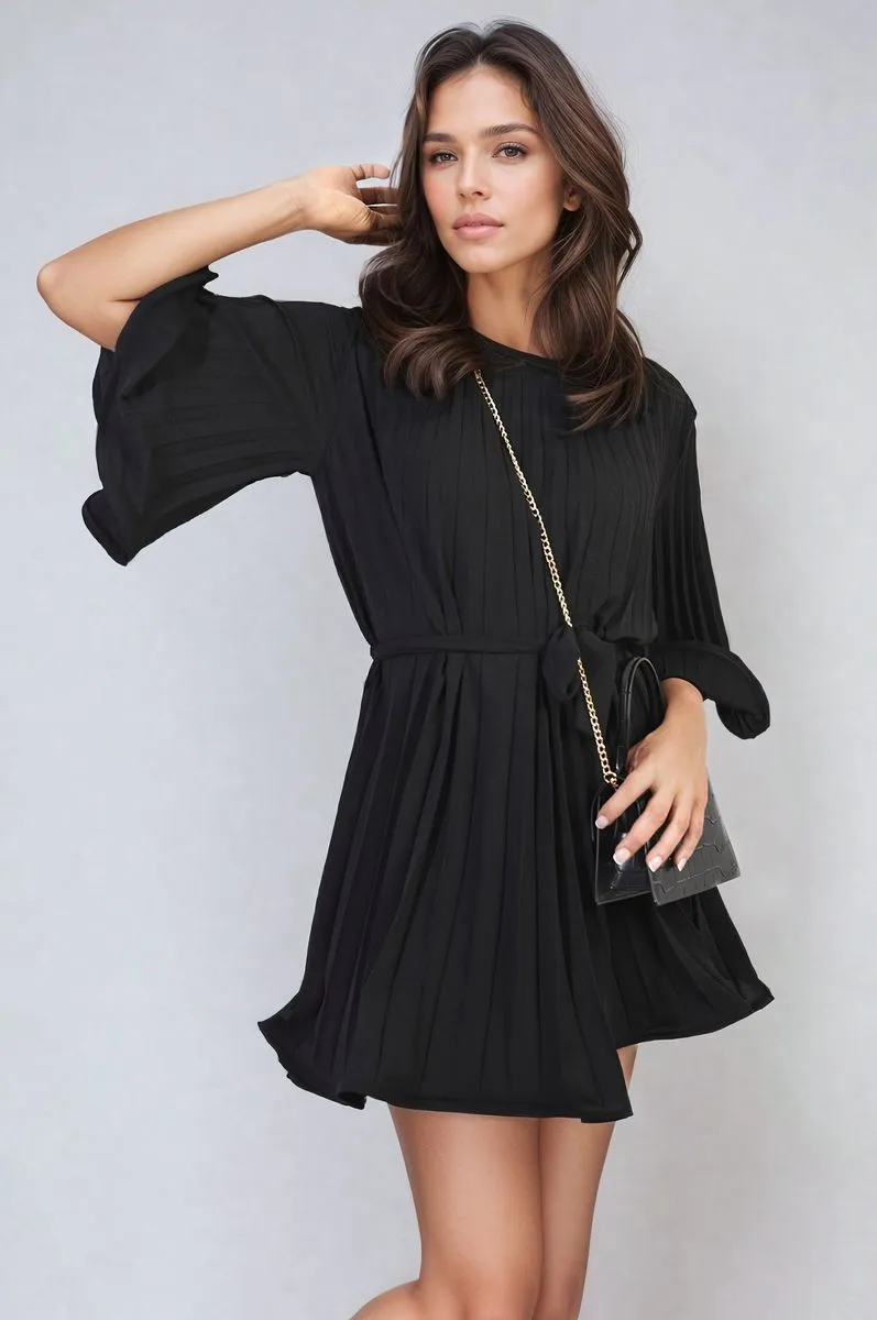 Pleated Tie Waist Mini Dress