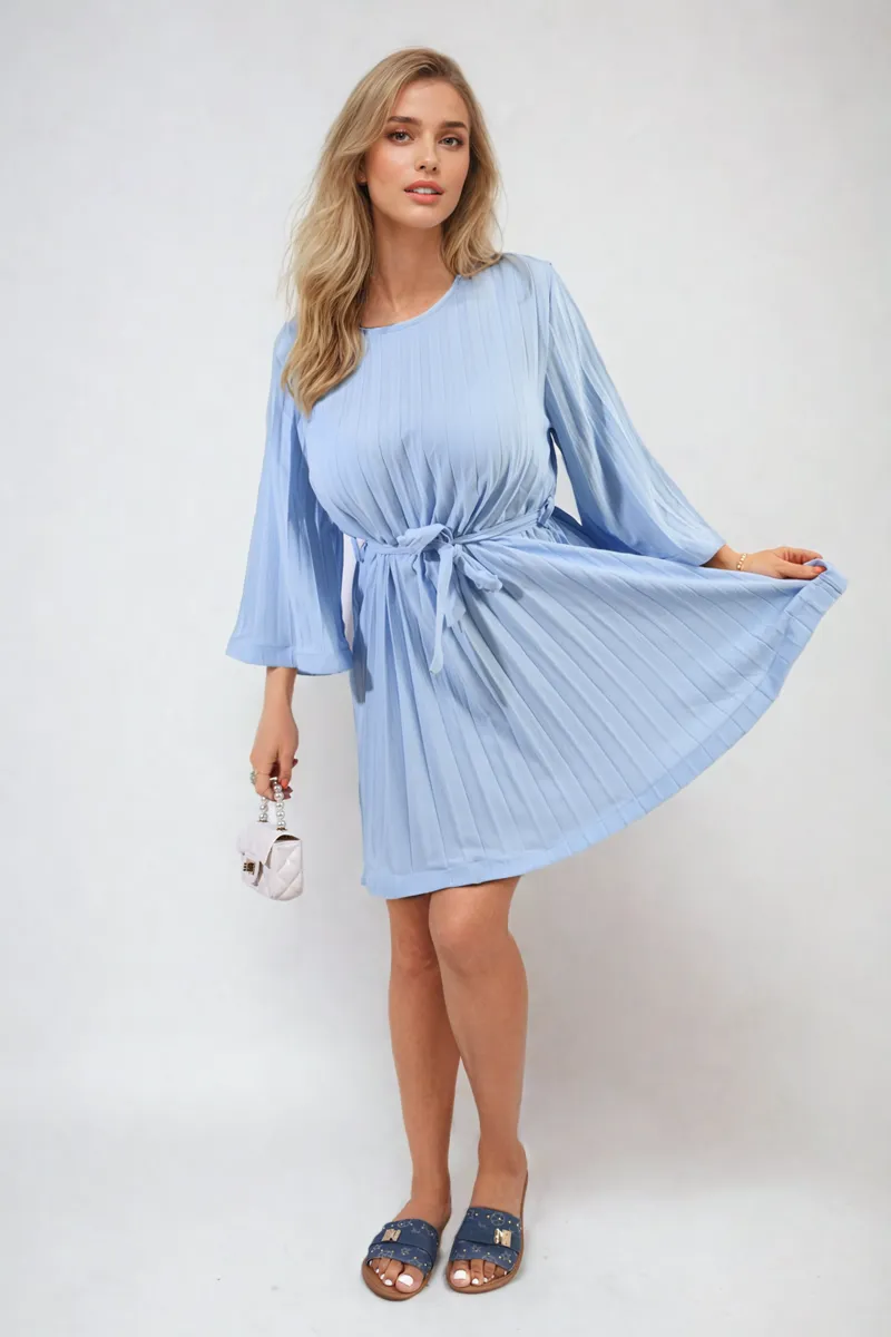 Pleated Tie Waist Mini Dress