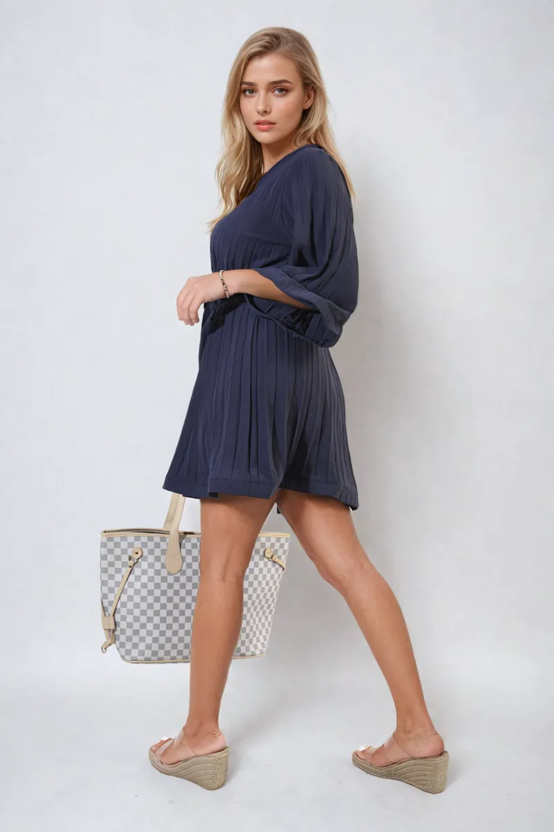 Pleated Tie Waist Mini Dress