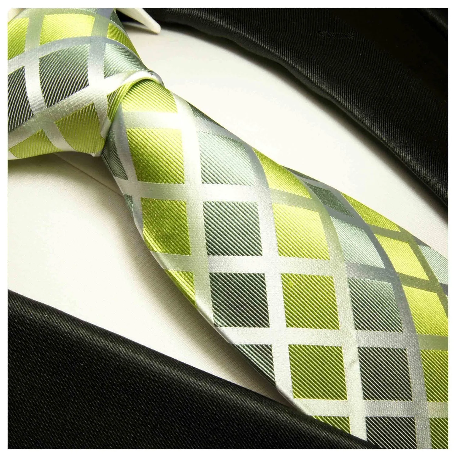 Silk Necktie by Paul Malone . Lime Green and Silver