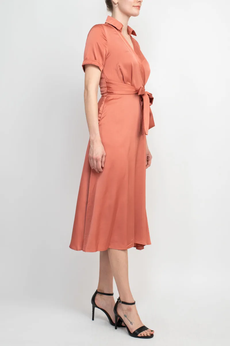 Tahari ASL Collared Pleated V-Necktie Waist Solid Satin Dress