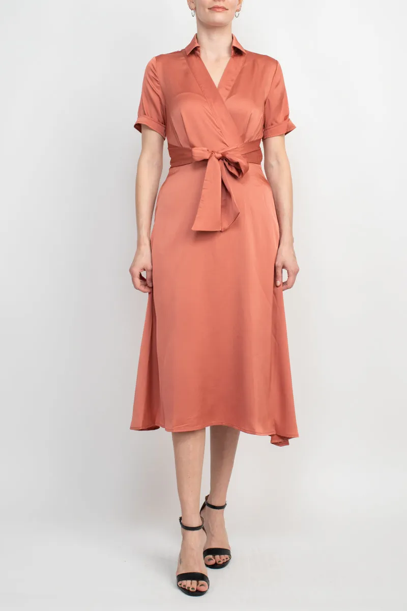 Tahari ASL Collared Pleated V-Necktie Waist Solid Satin Dress