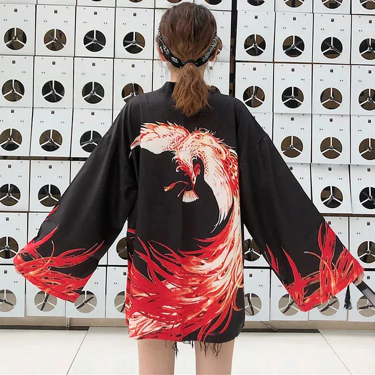 Vintage Phoenix Print Kimono Outerwear